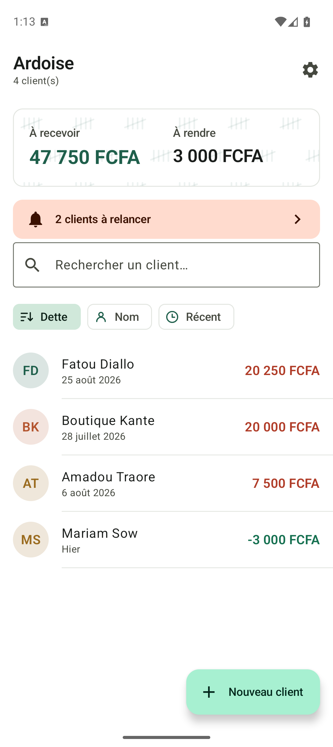 Écran d'accueil listant les clients et leurs soldes
