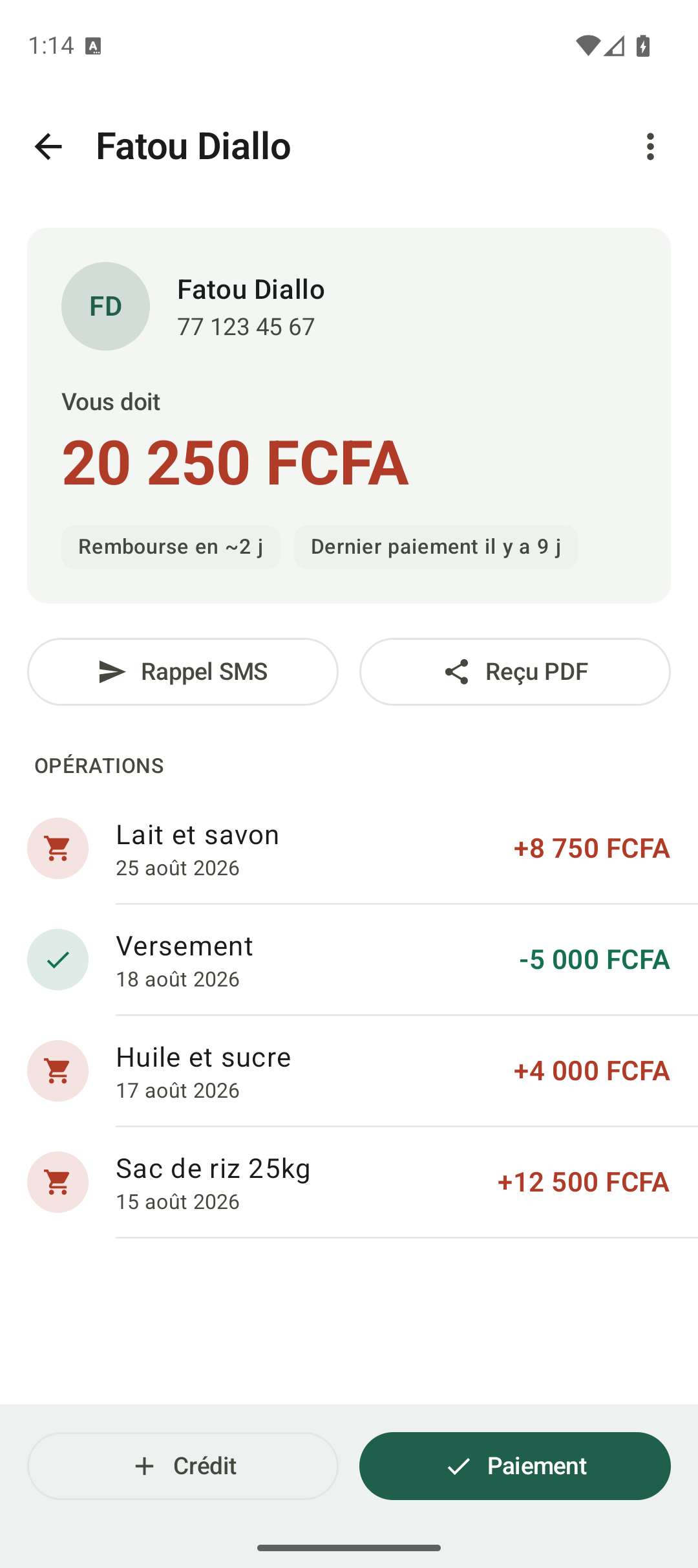 Fiche d'un client avec l'historique de ses opérations